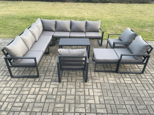 Fimous Aluminium Patio Outdoor Garden Furniture Lounge Corner Sofa Set with Oblong Coffee Table Big Footstool 3 Chair Dark Grey