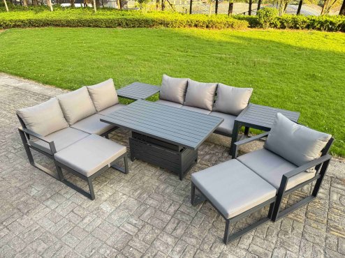 Fimous Garden Aluminium Furniture Set Dark Grey 9 Seater Outdoor Patio Adjustable Rising Lifting Dining Table with 2 Big Footstools Side Table Dark Grey