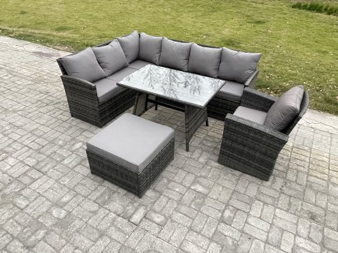 Fimous Rattan Garden Furniture Corner Sofa Set with Oblong Dining Table Big Footstool Armchair Outdoor Wicker Rattan Set Dark Grey Mixed