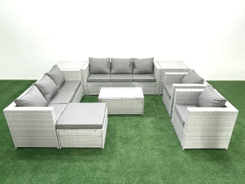 Fimous Outdoor Rattan Sofa Garden Furniture Set with 2 Armchairs Oblong Coffee Table Big Footstool 2 Side Tables Light Grey Mixed