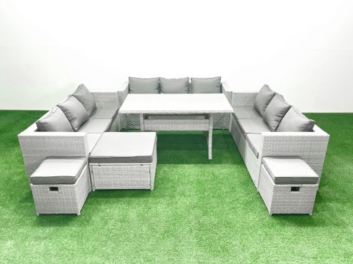 Fimous Rattan Garden Outdoor Furniture Set 12 Seater Garden Sofa Rectangulr Dining Table Set with 3 Footstools Light Grey Mixed