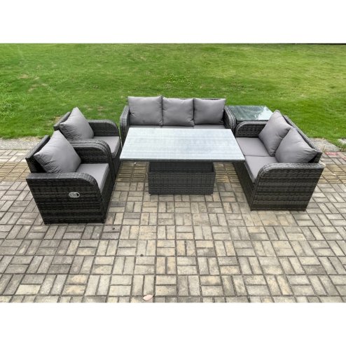 Fimous Wicker PE Rattan Outdoor Garden Furniture Sets Height Adjustable Rising lifting Dining Table Reclining Chair Sofa Set with Side Table Dark Grey Mixed