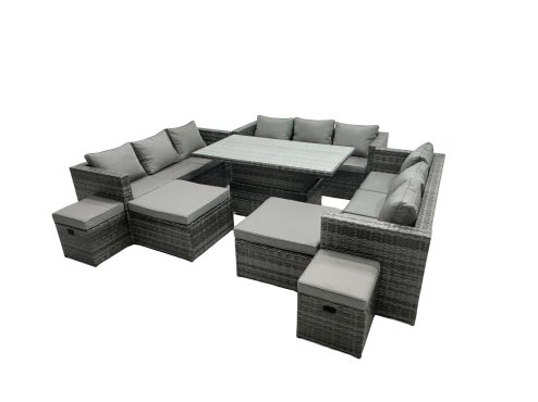 Fimous Rattan Dining Table Sofa Set with 4 Stools Outdoor 13 Seat Garden Furniture Set Dark Grey Mixed