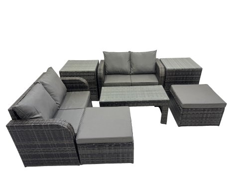 Fimous 3 Seater Sofa Reclining Chair Coffee Table Set Rattan Garden Outdoor Furniture Set with 2 Side Tables 2 Big Stools Dark Grey Mixed