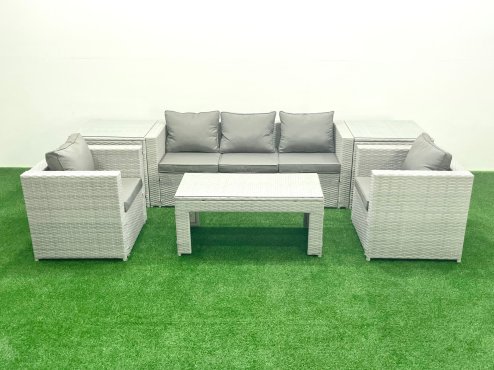 Fimous Rattan Garden Furniture Set 6 Pieces Outdoor Garden Sofa Oblong Coffee Table Set with 2 Chairs 2 Side Tabes Light Grey Mixed