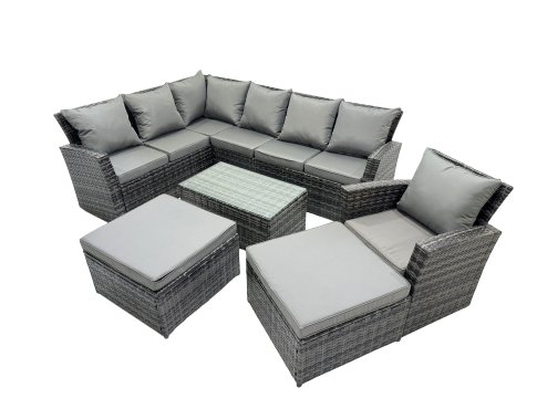 Fimous 9 Seat Rattan High Back Corner Sofa Set Patio Coffee Table Set with 2 Big Stools Dark Grey Mixed