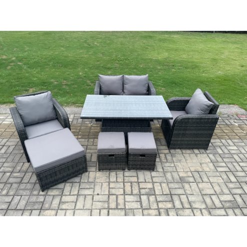 Fimous Wicker PE Rattan Furniture Garden Dining Set Outdoor Height Adjustable Rising lifting Table Love Sofa Chair With 3 Stools