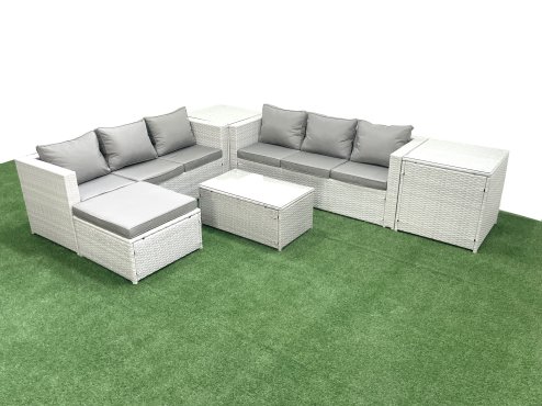 Fimous Garden Outdoor PE Rattan Furniture Set 7 Seater Rattan Garden Sofa Set with Big Footstool 2 Side Tables Light Grey Mixed