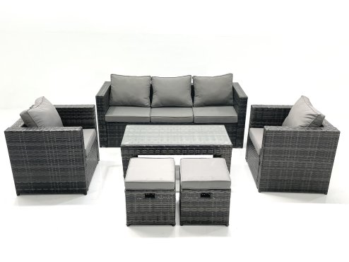Fimous Rattan Garden Furniture Set Outdoor Lounger Sofa with Coffee Table 2 Armchair 2 Small Footstools Dark Grey Mixed
