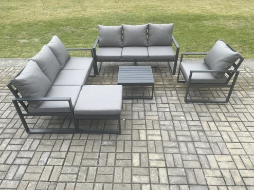 Fimous Aluminium 8 Seater Outdoor Garden Furniture Lounge Sofa Set with Square Coffee Table Chair Big Footstool Dark Grey