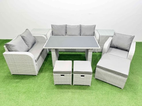 Fimous Rattan Outdoor Table Reclining Chair Sofa Set with 2 Side Tables 3 Stools Light Grey 9 Seater