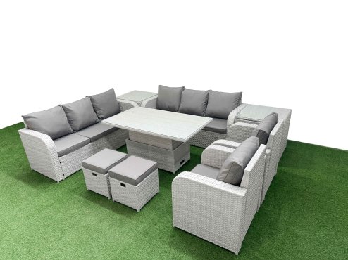 Fimous PE Rattan High Back Lounge Sofa Set Patio Adjustable Lifting Dining or Coffee Table & Chairs Set with 3 Seater Sofa Reclining Chair Stools 2 Side Table Light Grey