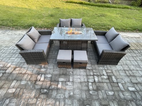 Fimous High Back Rattan Garden Furniture Sofa Sets with Outdoor Furniture Gas Firepit Dining Table Set 2 Small Footstools Dark Grey Mixed