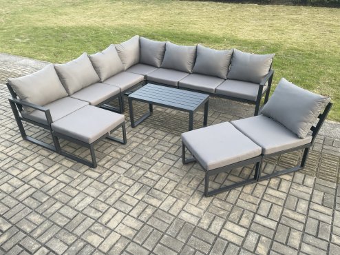Fimous Aluminium 10 Seater Patio Outdoor Garden Furniture Lounge Corner Sofa Set with Oblong Coffee Table 2 Big Footstools Dark Grey
