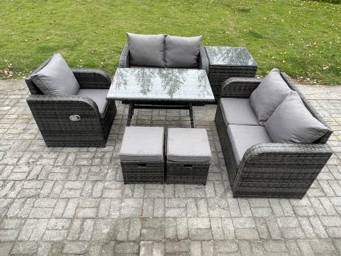 Fimous 7 Pieces Outdoor Garden Dining Sets Rattan Furniture With Dining Table Armchairs Love Sofa Side Table 2 Small Footstools Dark Grey Mixed