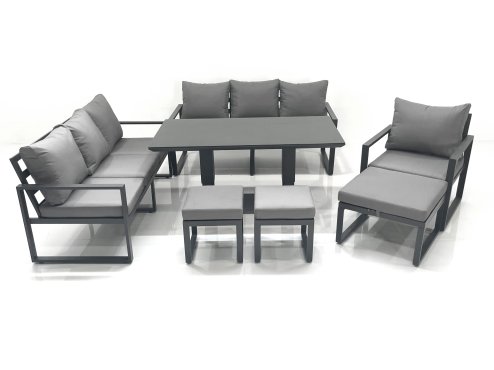 Fimous Outdoor Garden Furniture Set Aluminium Lounge Sofa Adjustable Rising Lifting Dining Table Sets with 3 Footstools Dark Grey