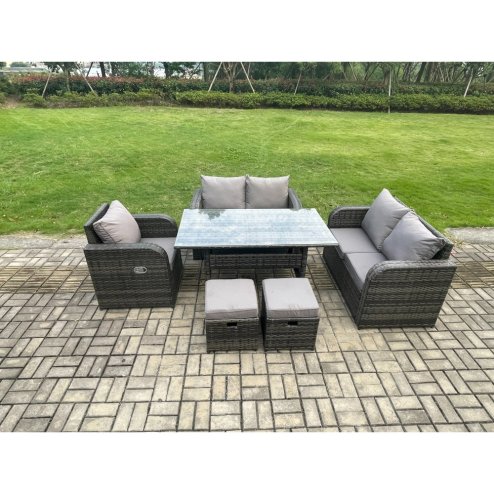 Fimous 7 Seater Lounge Rattan Sofa Set Outdoor Garden Furniture Oblong Rectangular Dining Table With Chairs Footstools Dark Grey Mixed