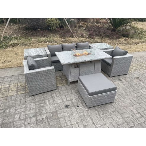 Fimous Rattan Garden Furniture Set Gas Fire Pit Lounge Sofa Chair Dining Set With 2 Side Table And 2 PC Arm Chair Footstool