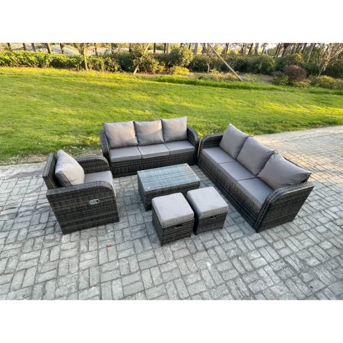 Fimous 9 Seater Rattan Lounge Sofa Set Outdoor Garden Furniture Set with Rectangular Coffee Table 3 Seater Sofa 2 Small Footstools Dark Grey Mixed
