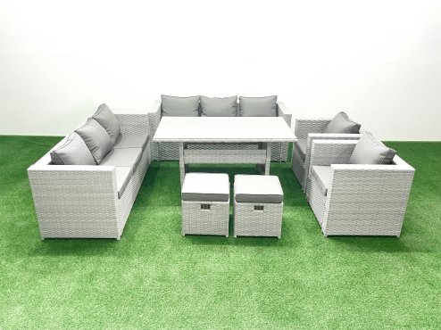 Fimous Rattan Garden Furniture Set Outdoor 8 Seater Patio Dinin g Sofa Sets with Dining Table 2 Chairs 2 Small Footstools Light Grey Mixed