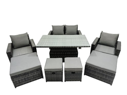 Fimous Outdoor Love Sofa Set 8 Seat Rattan Garden Furniture Set with Adjustable Lifting Dining or Coffee Table 4 Stools Dark Grey Mixed