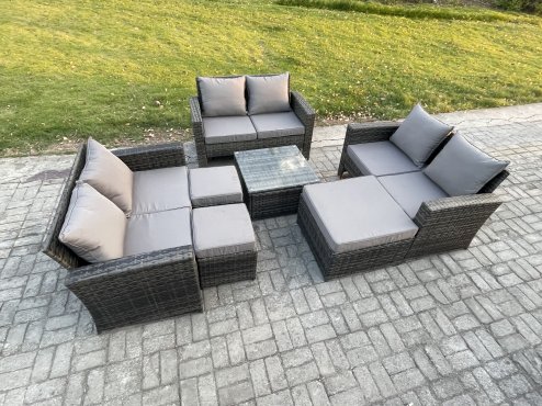 Fimous Outdoor Lounge Sofa Set Wicker PE Rattan Garden Furniture Set with Square Coffee Table Double Seat Sofa 3 Footstools Dark Grey Mixed