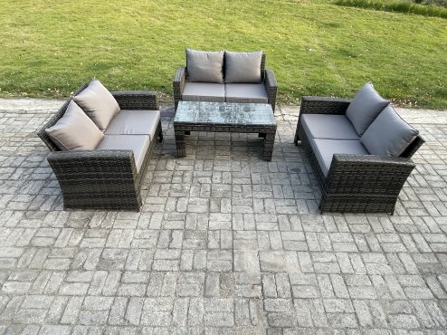 Fimous 6 Seater Rattan Wicker Garden Furniture Patio Conservatory Sofa Set with Coffee Table Double Seater Sofa