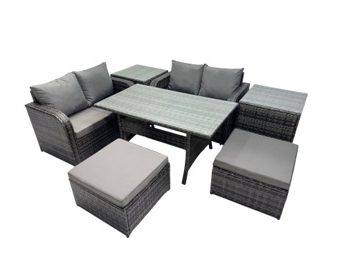 Fimous Wicker PE Rattan Garden Outdoor Furniture Set Love Sofa Dining Table Sets with 2 Side Table 2 Big Stools Dark Grey Mixed