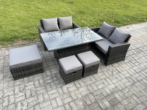 Fimous 7 Seater Wicker Rattan Garden Furniture Rising Table Set with 3 Footstool Double Seat Sofa Dark Grey Mixed
