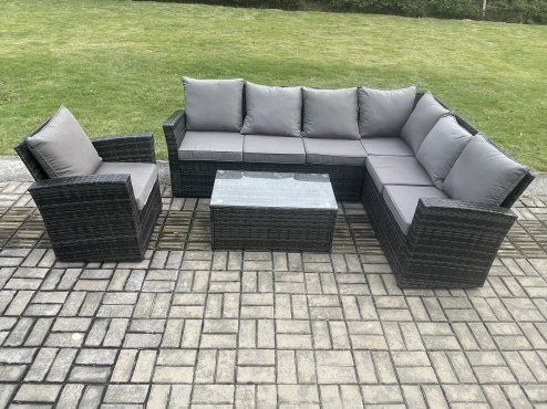 Fimous Rattan Garden Furniture Corner Sofa Set 4 Pieces Outdoor Patio Sofa Chair Table Set with Rectangular Coffee Table Dark Grey Mixed
