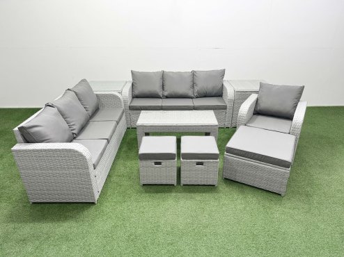 Fimous 10 Seater Poly Rattan Outdoor Garden Furniture Oblong Coffee Table Sofa Set Patio 3 Seater Sofa Reclining Chair 3 Seater Sofa 3 Stools 2 Side Table Light Grey Image