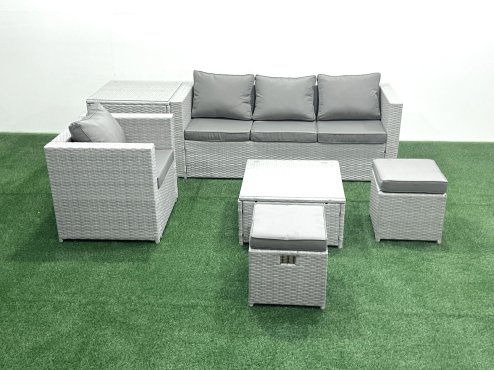 Fimous Garden Outdoor Furniture Set 6 Seater Rattan Sofa Set with 2 Small Footstools Armchair Side Table Light Grey Mixed