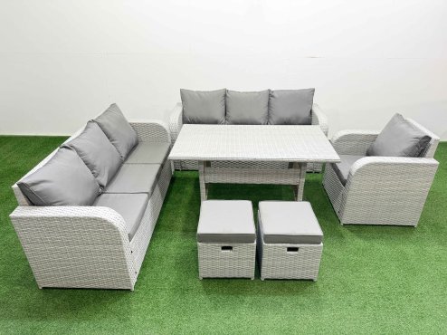 Fimous 9 Seater Poly Rattan Outdoor Garden Furniture Rectangular Dining Table Sofa Set Patio 3 Seater Sofa Reclining Chair 3 Seater Sofa Stools Light Grey