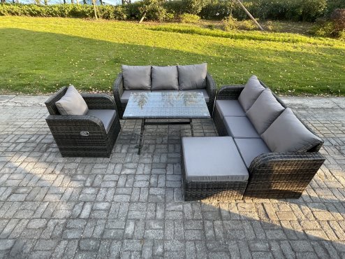 Fimous Outdoor Lounge Sofa Set Wicker PE Rattan Garden Furniture Set with Rectangular Dining Table Reclining Chair Big Footstool Dark Grey Mixed