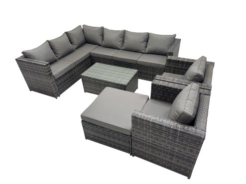 Fimous Outdoor Rattan Rectangular Coffee Table Corner Sofa Sets Garden Furniture Set with 2 Chairs Big Stool Dark Grey Mixed