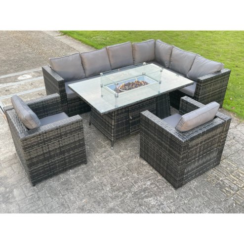 Fimous Outdoor Rattan Garden Furniture Corner Sofa Burner Gas Fire Pit Table Sets Gas Heater Lounge Chairs Dark Grey 8 Seater