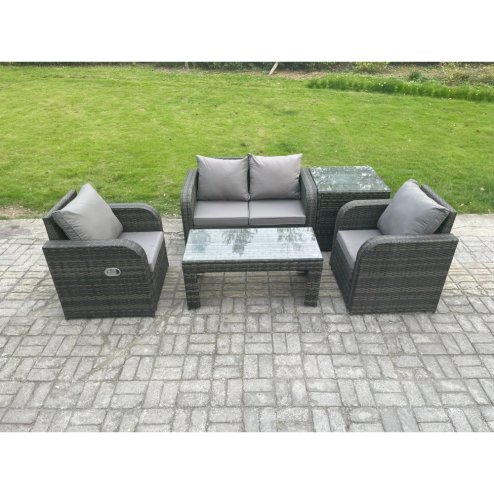 Fimous Rattan Lounge Sofa Set Outdoor Garden Furniture Set with Rectangular Coffee Table Love Sofa Side Table Dark Grey Mixed
