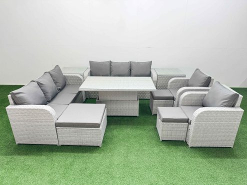 Fimous PE Rattan High Back Lounge Sofa Set Patio Adjustable Lifting Dining or Coffee Table & Chairs Set with 3 Seater Sofa Reclining Chair 3 Stools 2 Side Table Light Grey