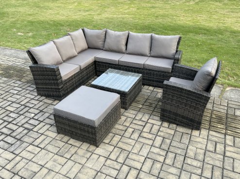 Fimous Rattan Garden Furniture Set Outdoor Lounge Corner Sofa Set With Square Coffee Table Big Footstool Armchair 8 Seater Dark Grey Mixed