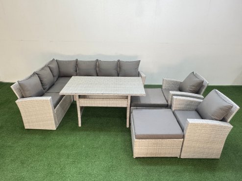 Fimous 10 Seater Rattan Garden Furniture Set Outdoor Patio Dining Corner Sofa Sets with Dining Table 2 Chairs Big Footstools Light Grey Mixed