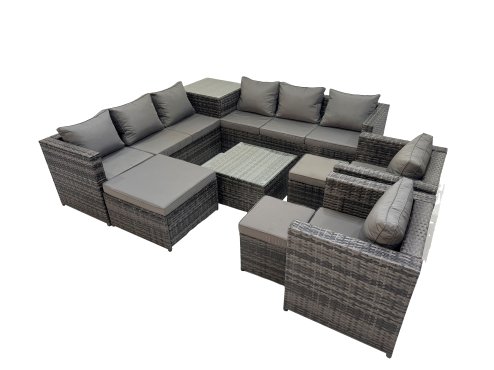 Fimous Garden Rattan Outdoor Furniture Set 11 Seater Patio Corner Sofa Coffee Table with 3 Stool Side Table Dark Grey