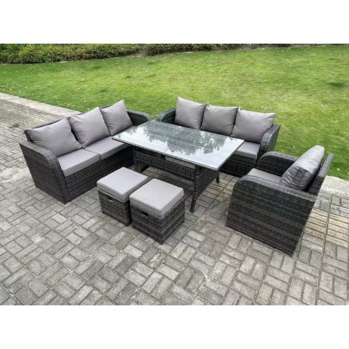Fimous 9 Seater Dark Grey PE Wicker Rattan Garden Furniture Set Reclining Chair Lounge Sofa 3 Seater Sofa Set Outdoor Rectangular Dining Table With 2 Stools
