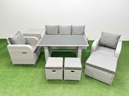 Fimous Outdoor Rattan Garden Furniture Dining Set 8-seater Patio Rectangular Table 3 Seater Sofa Reclining Chair Set with Side Table 3 Stools