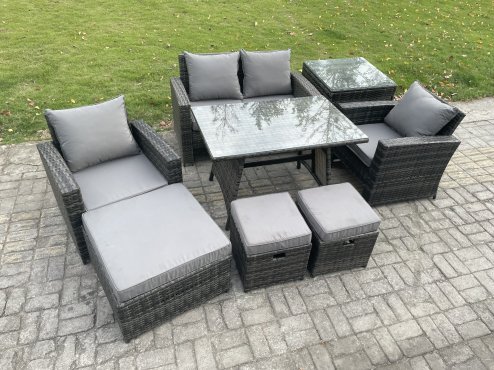 Fimous Rattan Wicker Garden Furniture Patio Conservatory Sofa Set with Rectangular Dining Table Armchair 2 Seater Sofa 3 Footstools Side Table