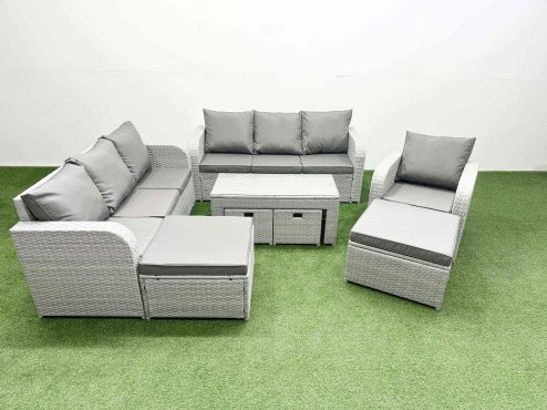 Fimous Outdoor Garden Furniture Set PE Rattan 3 Seater Sofa Reclining Chair Set with Oblong Coffee Table 4 Footstools Light Grey