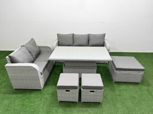 Fimous 8 Seater PE Rattan Wicker Garden Furniture Patio Conservatory Sofa Set with Adjustable Lifting Dining or Coffee Table 3 Seater Sofa Love Sofa 3 Stool