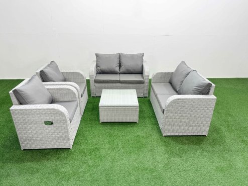 Fimous 6 Seater Outdoor Reclining Chair Love Sofa Set Rattan Garden Furniture Set with Square Coffee Table Light Grey