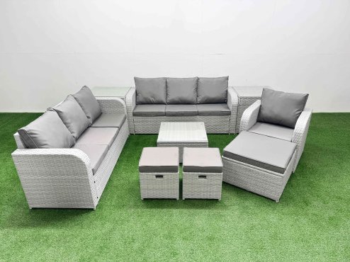 Fimous 10 Seater Poly Rattan Outdoor Garden Furniture Square Coffee Table Sofa Set Patio 3 Seater Sofa Reclining Chair 3 Seater Sofa 3 Stools 2 Side Table Light Grey