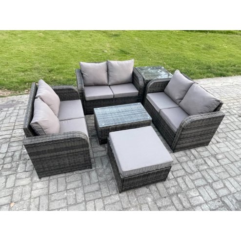 Fimous Outdoor Garden Furniture Sets 7 Seater Wicker Rattan Furniture Sofa Sets with Rectangular Coffee Table Love Sofa Big Footstool Side Table Dark Grey Mixed