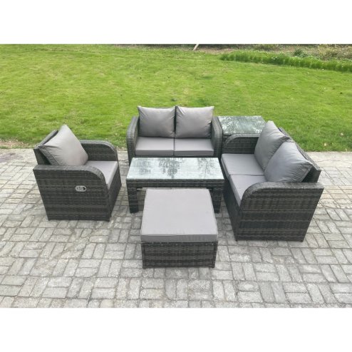 Fimous 6 PCS Garden Furniture set Rattan Outdoor Lounge Sofa Table Chair With Tempered Glass Table Dark Grey Mixed